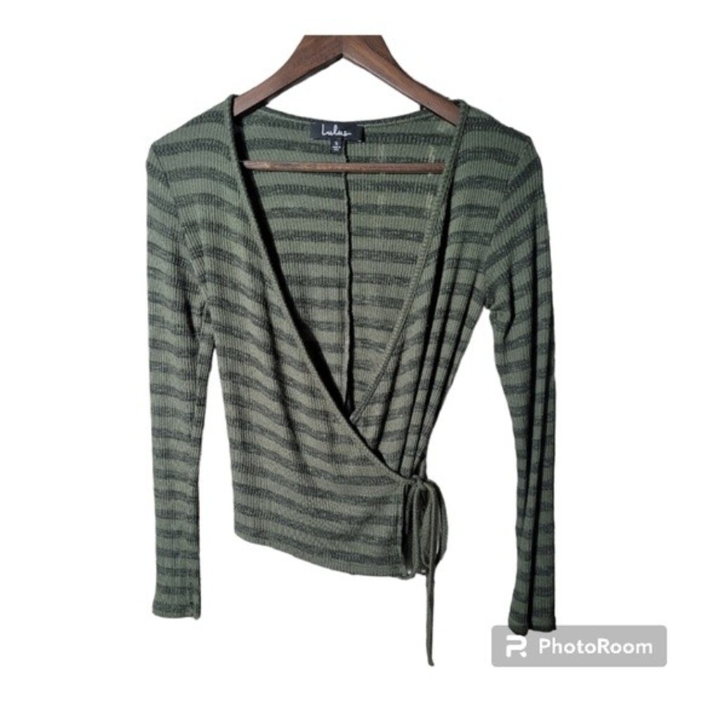 Lulu's Ad-Lib Olive Green Striped Longsleeve Wrap Top Women's Size Small